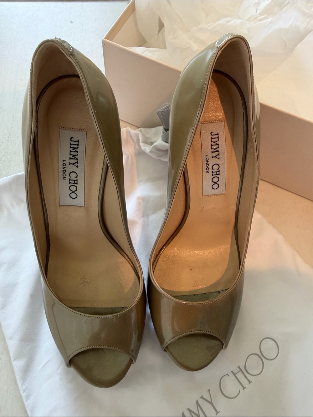Jimmy Choo Khaki Patent Peep-Toe Heels Size 36.5